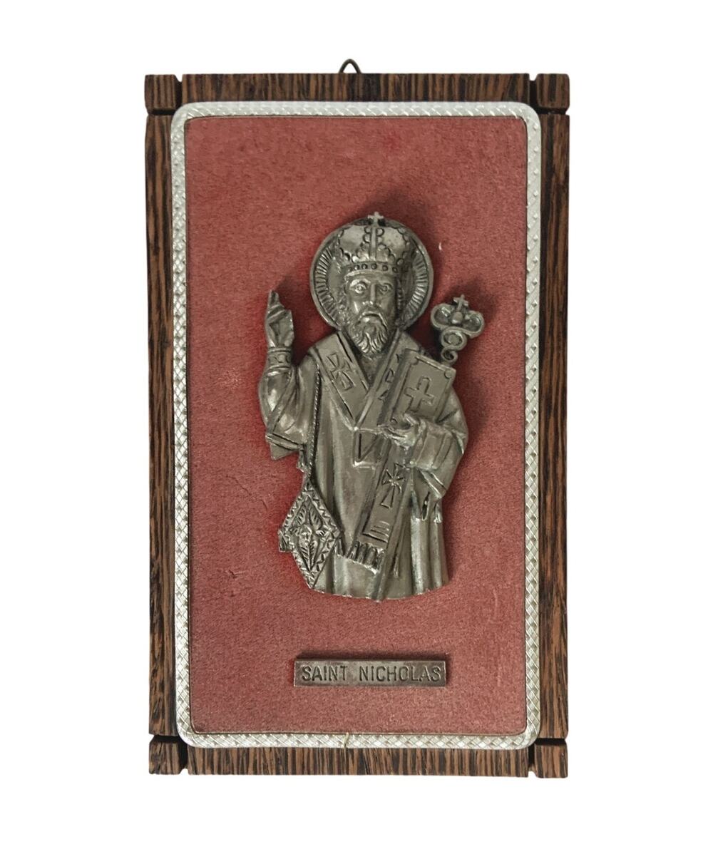 Vintage 50s 60s Pewter Saint Nicholas on Pink Velvet and wood Made in Italy